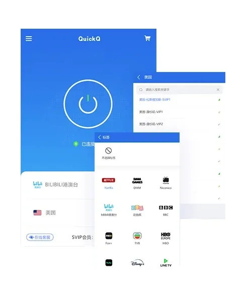 QuickQ VPN 客户端连接与解析状态界面